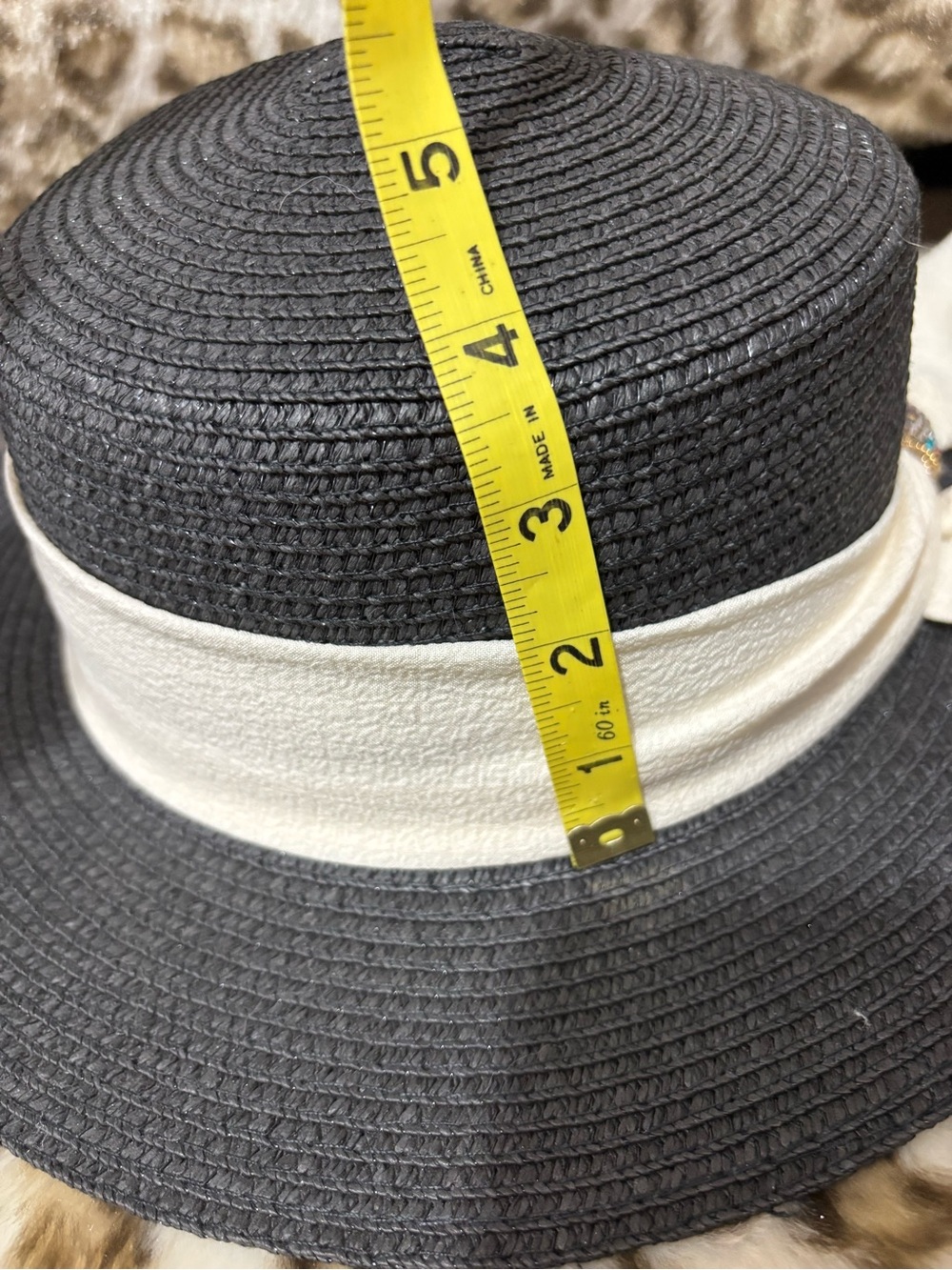 Women’s black raffia straw hat with a cream ribbon,embellished bow detail. NWOT - Picture 10 of 10